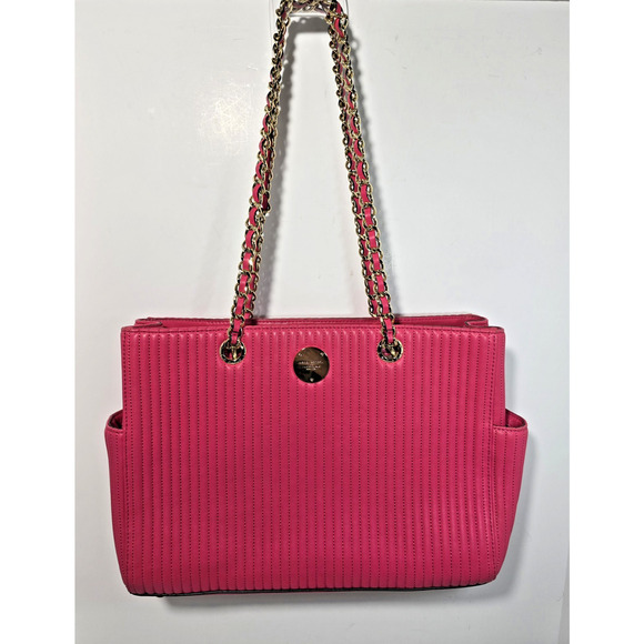 henri bendel Handbags - Henri Bendel No 7 Hot Pink Leather Tote Bag Quilted Vertical Chain East West